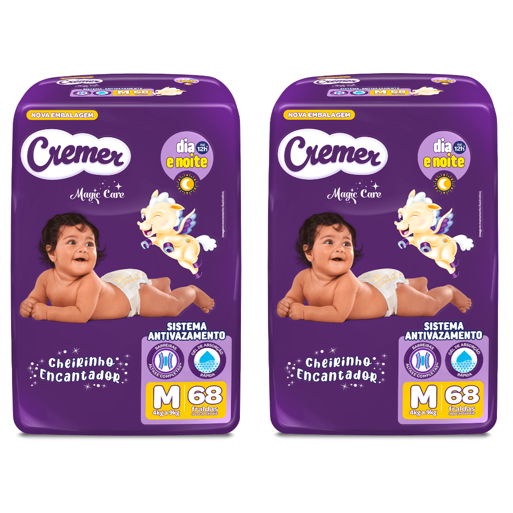 Kit 2ptes Fraldas Cremer Hiper M 68un cada - Total 136unidades em Oferta na Shopee