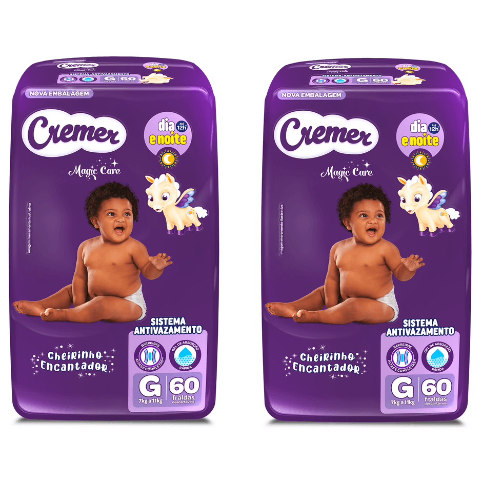 Kit 2ptes Fraldas Cremer Hiper G - 60un cada - Total 120unidades