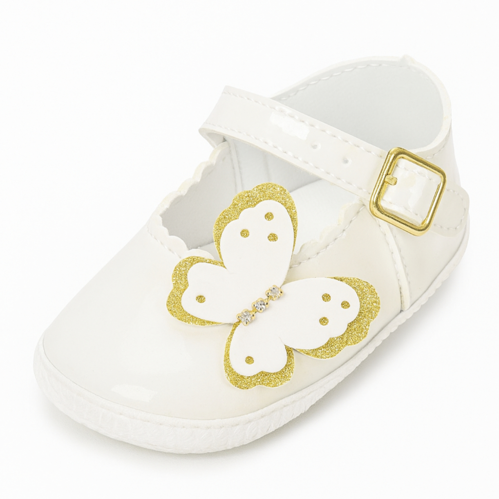 Sapatilha Branca Bebê Menina Sapatinho Batizado Borboleta Cerimônia Luxo Strass