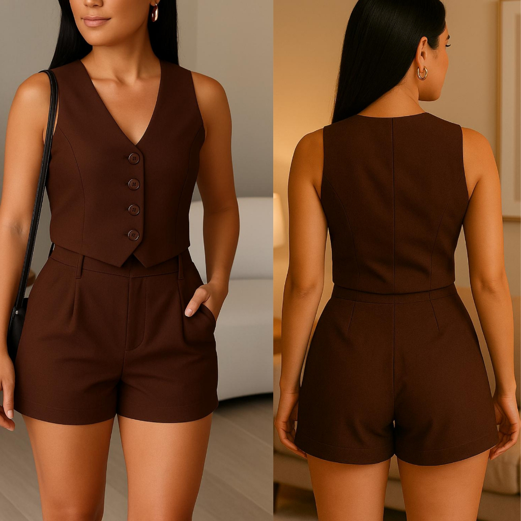 CONJUNTO FEMININO CASUAL  E SOCIAL  SHORT +COLETE .TENDENCIA DO MOMENTO
