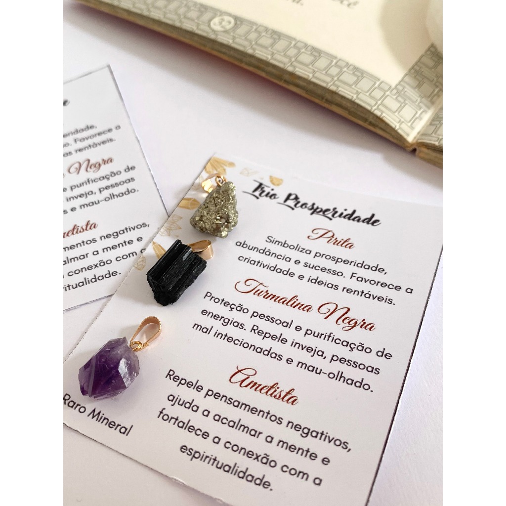 Trio Prosperidade Kit 3 Pingentes Pirita, Ametista e Turmalina