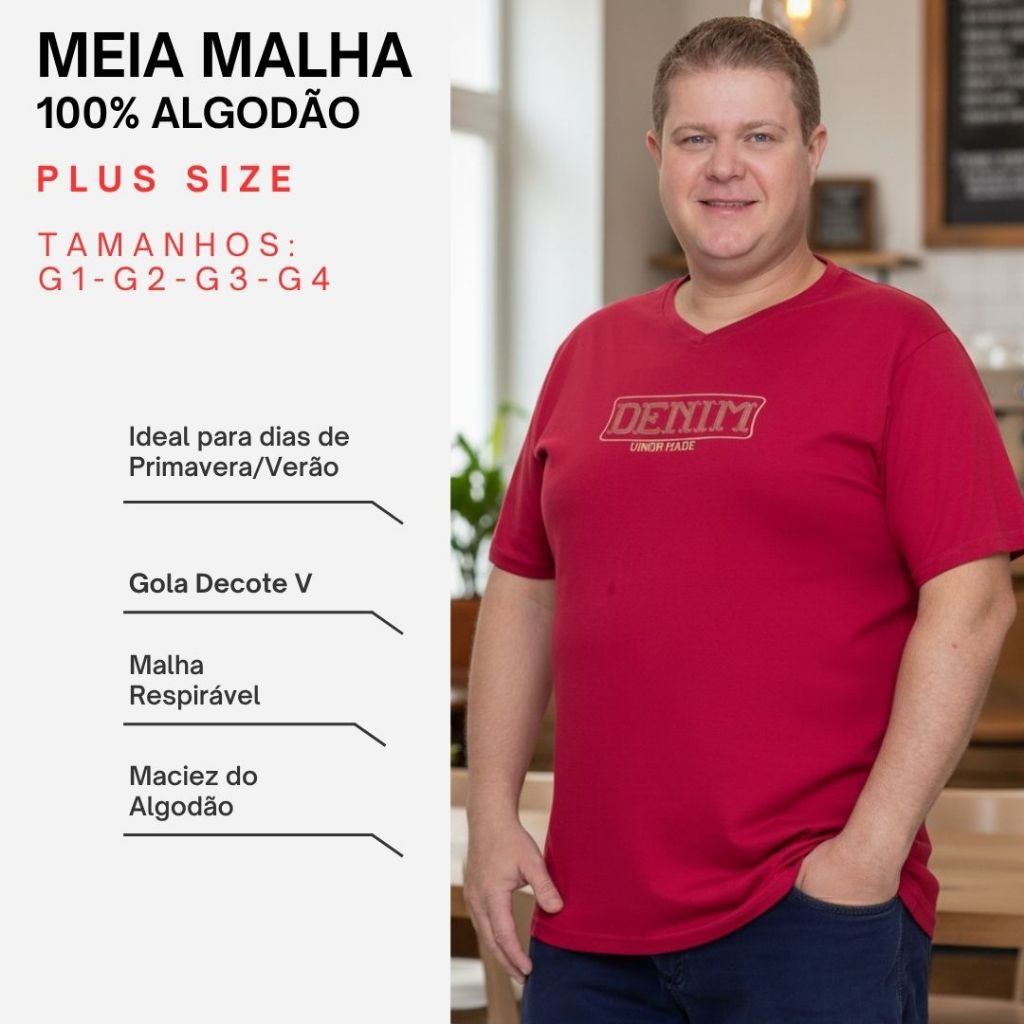 Camiseta Plus Size Masculina 100% Algodão T-shirt Estampada Gola Decote V Manga Curta Casual