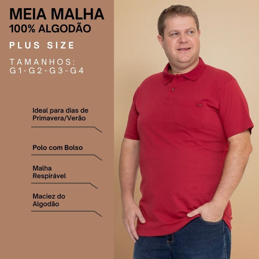 Camisa Gola Polo Plus Size Masculina Algodão Lisa Bolso Manga Curta Básica Confortável Casual Verão