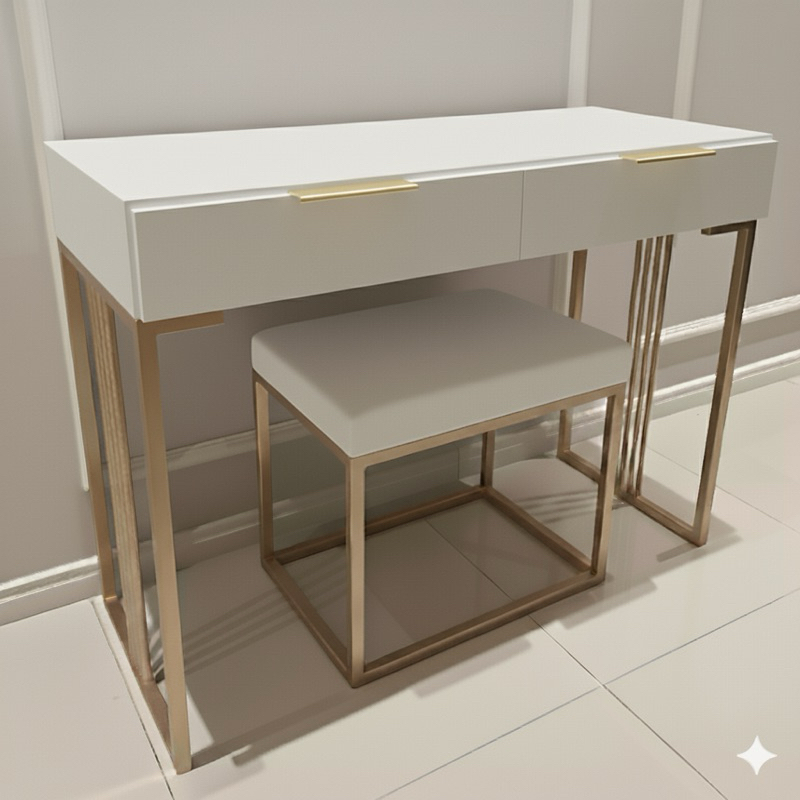 Penteadeira escrivaninha moderna branca 100% MDF com detalhes e estrutura metálica dourada...