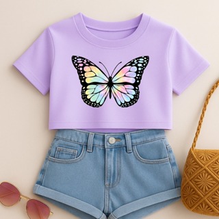 Cropped Meninas Infantil Borboletas Blusa Algodão Soltinha Oversized Moda Blogueirinha em Oferta na Shopee