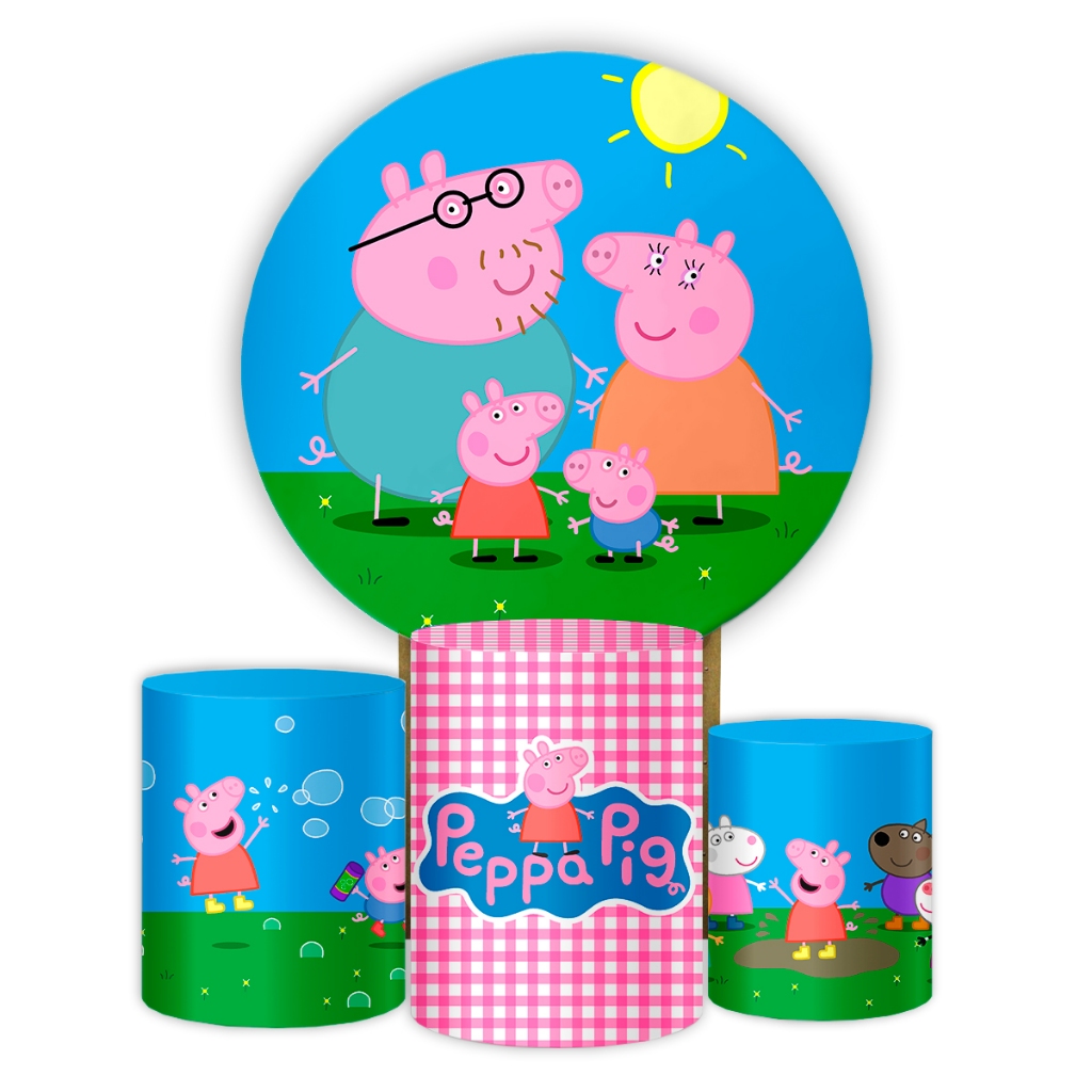 Painel de Festa Redondo + 3 Capas Cilindros Peppa Pig e George Festa Aniversário Sublimado Sistema Veste Fácil