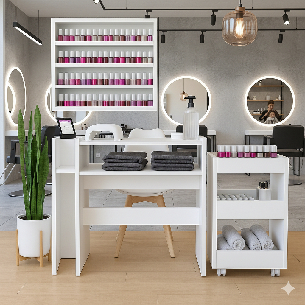 Kit Mesa Manicure Profissional Branco MDP + Carrinho Auxiliar para Salão em Oferta na Shopee