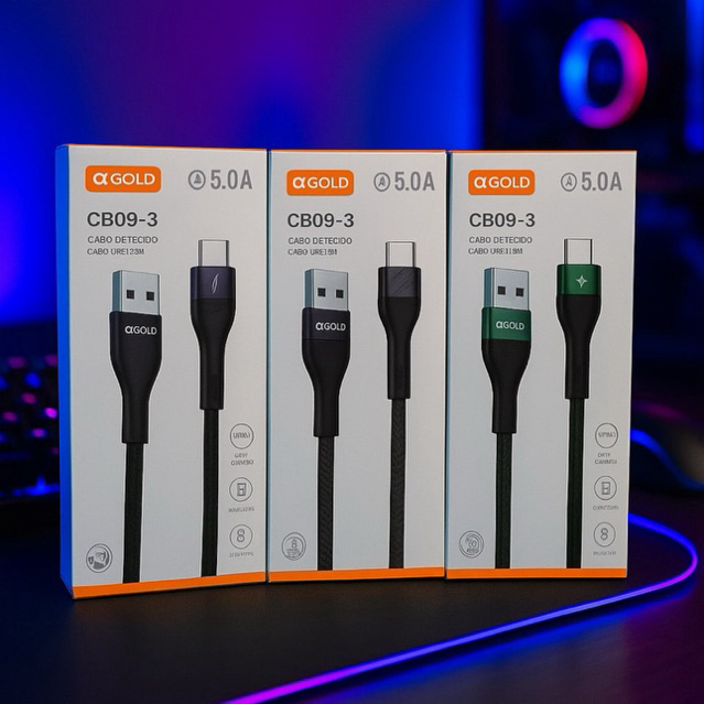 Kit 3 Cabos USB Tipo-C 5A Turbo Trançado Reforçado Preto Verde Cinza Carregamento Rápido Original