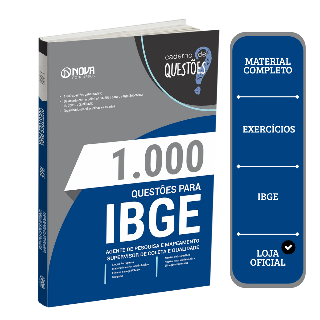 Imagem 1000 Questões Gabaritadas para IBGE 2025 - Agente de Pesquisas e Mapeamento (APM) e Supervisor de Coleta e Qualidade (S