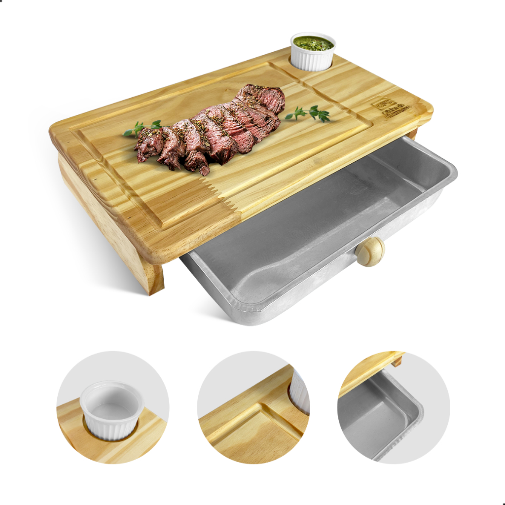 Tabua de Churrasco Inteligente Madeira com Gaveta e Molheira Servir Carne Festa Gamela