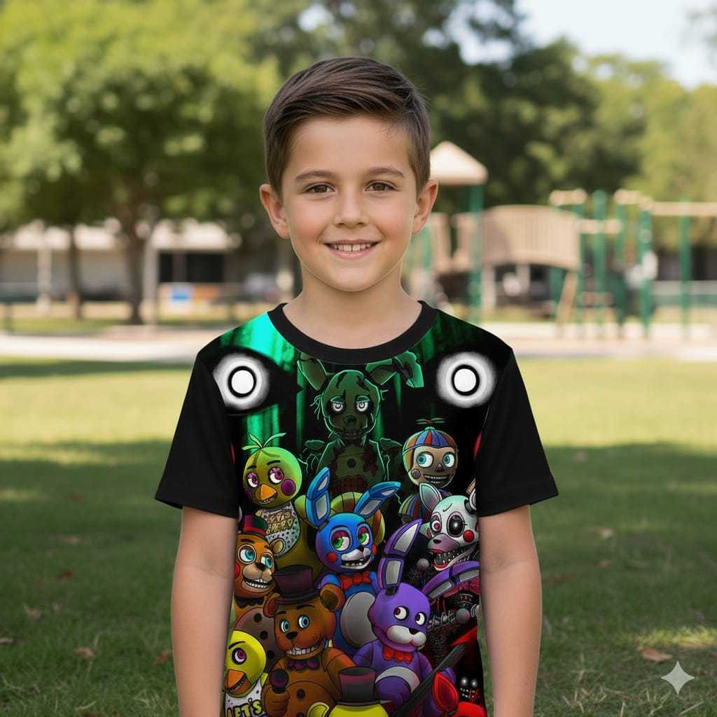 Camiseta Infantil Five Nights at Freddy's animatronics  menino menina  estampa total criança desenho jogo
