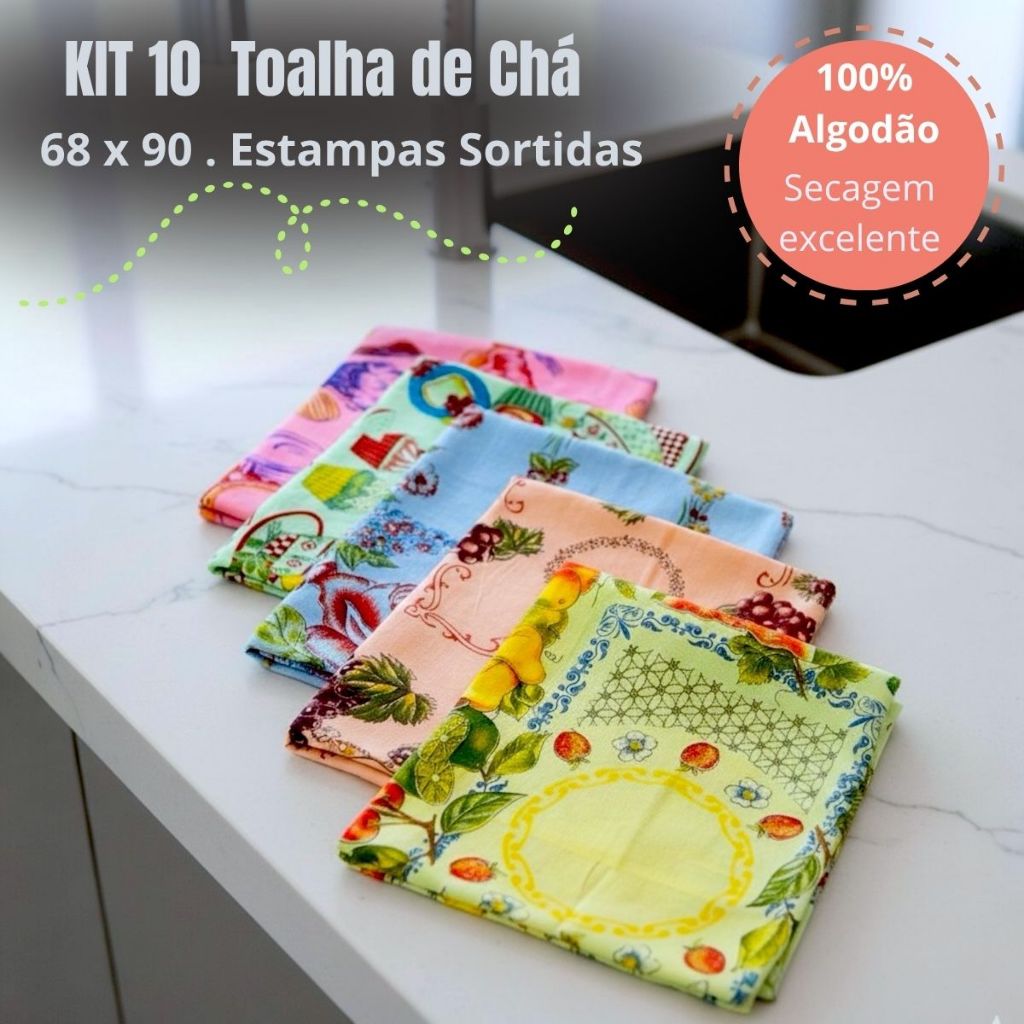Kit C/ 10 Toalha De Chá Estampas Sortidas Cores Vivas 100% Algodão Pano de Prato Extra Grande em Oferta na Shopee
