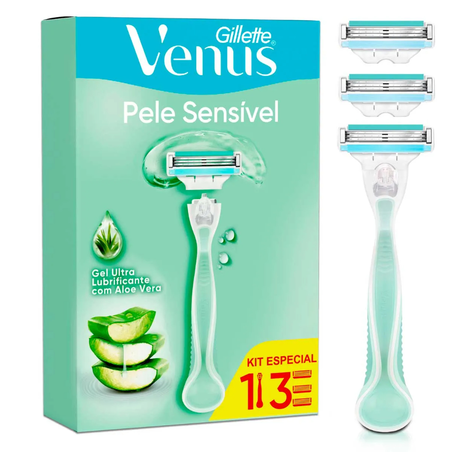 Aparelho de Depilar Recarregável Gillette Vênus Pele Sensível 1 Cabo + 3 Cargas em Oferta na Shopee