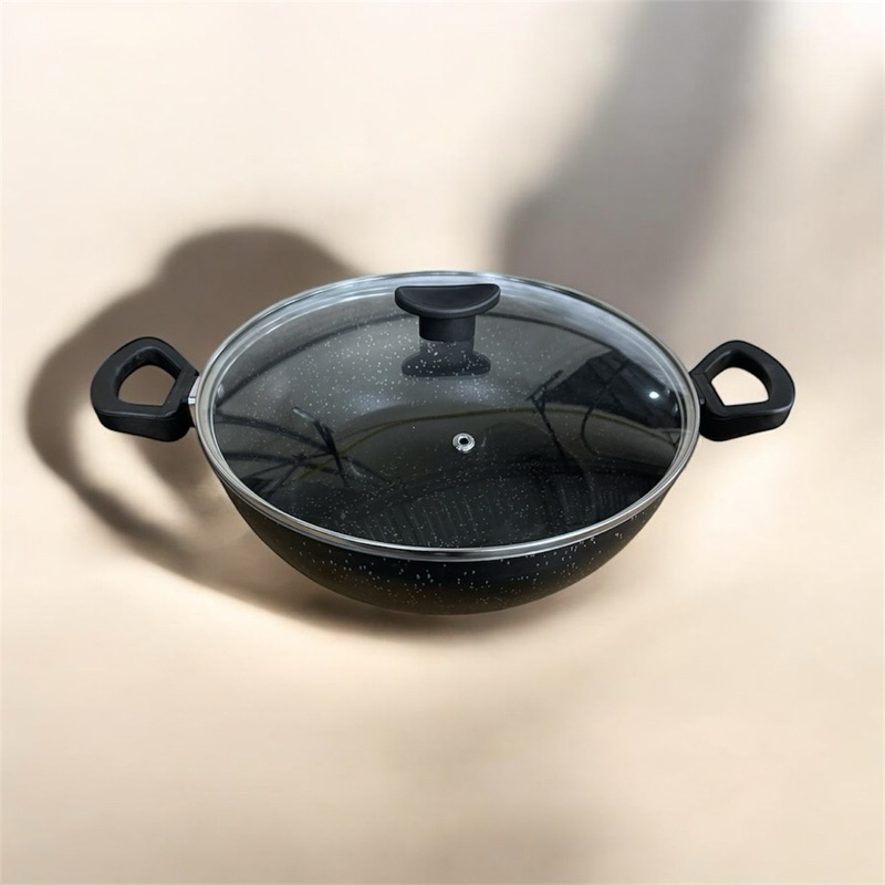 Frigideira Wok 28cm 4L 1,7mm Tampa de Vidro Antiaderente 7 Camadas Teflon Efeito Granito