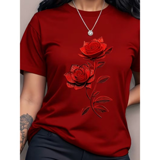CAMISETA FEMININA CASUAL ESTAMPA ROSAS VERMELHAS 100% ALGODÃO em Oferta na Shopee