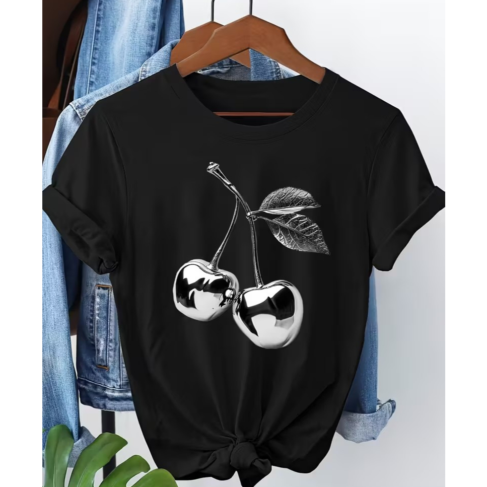CAMISETA FEMININA CASUAL MINIMALISTA 100% ALGODÃO ESTAMPA CEREJA PRATA em Oferta na Shopee
