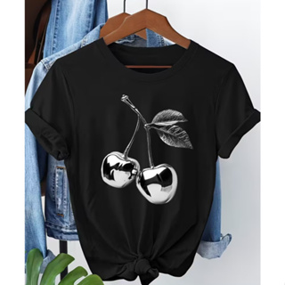 CAMISETA FEMININA CASUAL MINIMALISTA 100% ALGODÃO ESTAMPA CEREJA PRATA em Oferta na Shopee