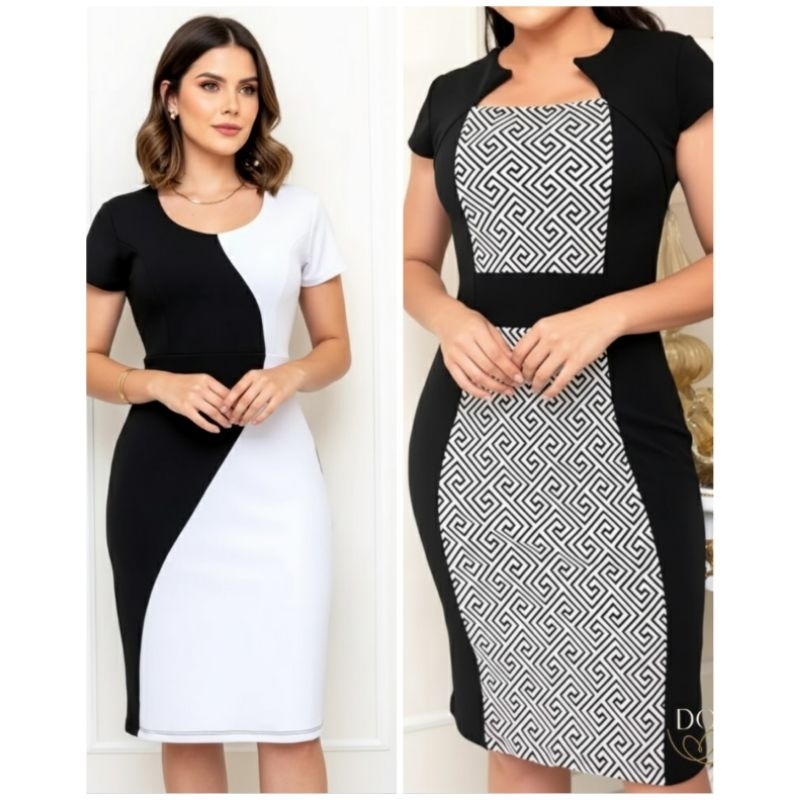 vestido tubinho moda evangelica cristã modesta das mulheres geométrico ou liso preto e branco formal crepe de malha