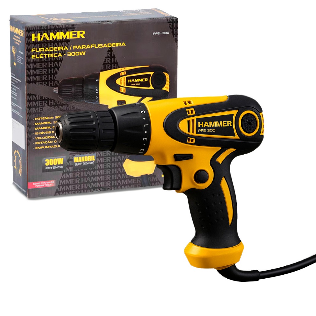 Furadeira Parafusadeira Elétrica Mandril 3/8” 10mm  Aperto Rápido GYPFE300 300W Da Hammer em Oferta na Shopee