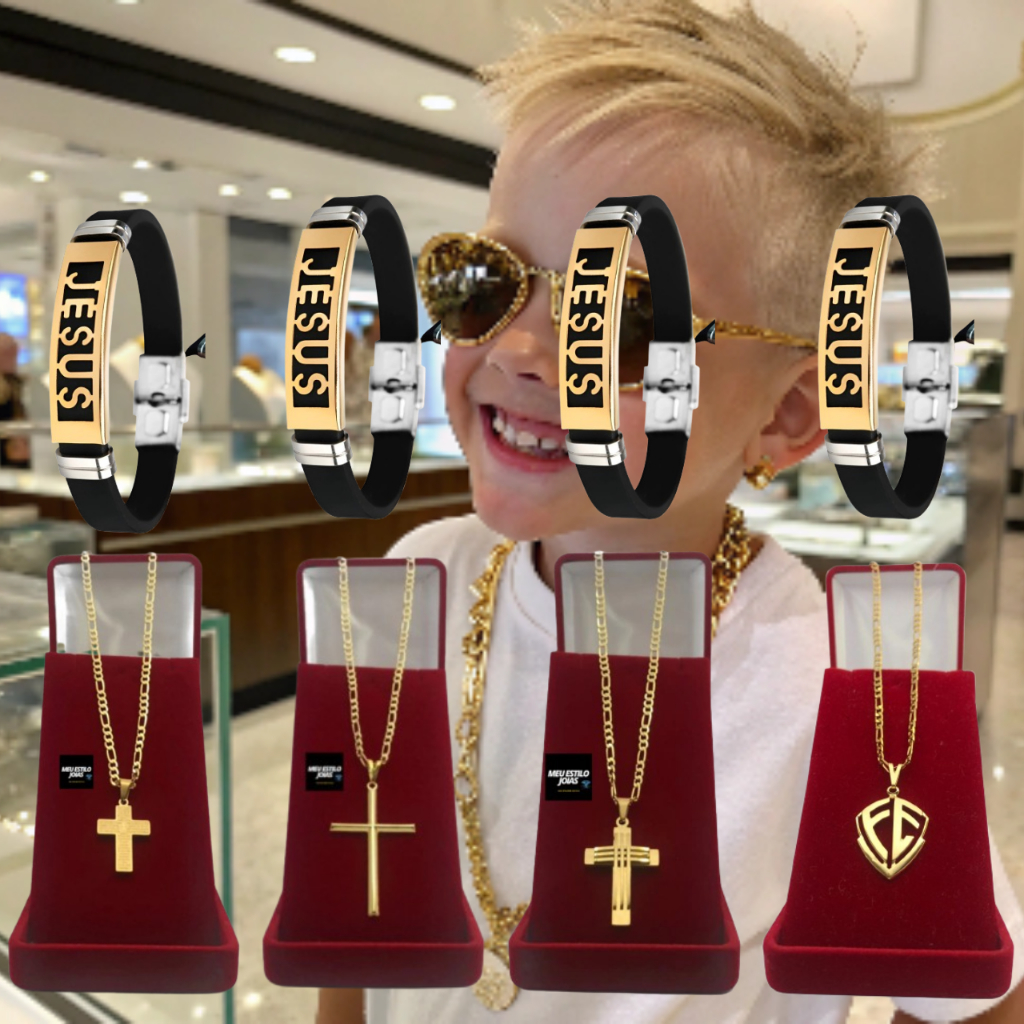 kit Corrente Menino Infantil 3X1 - 3MM Correntinha Banhado a Ouro + Pingente + Pulseira Escrito Jesus Luxo