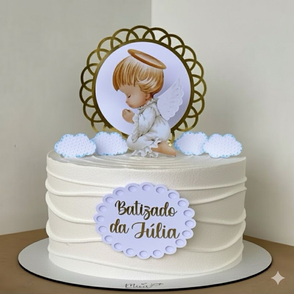 Batizado - Topo de Bolo Personalizado com Nome | Topper Batismo Anjinho Menino/Menina