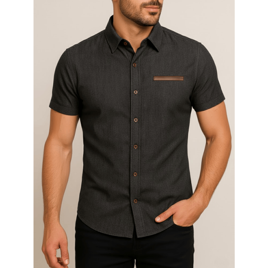 Camisa Social Masculina Manga Curta Cor Jeans Moda Verão Modelagem Slim Fit