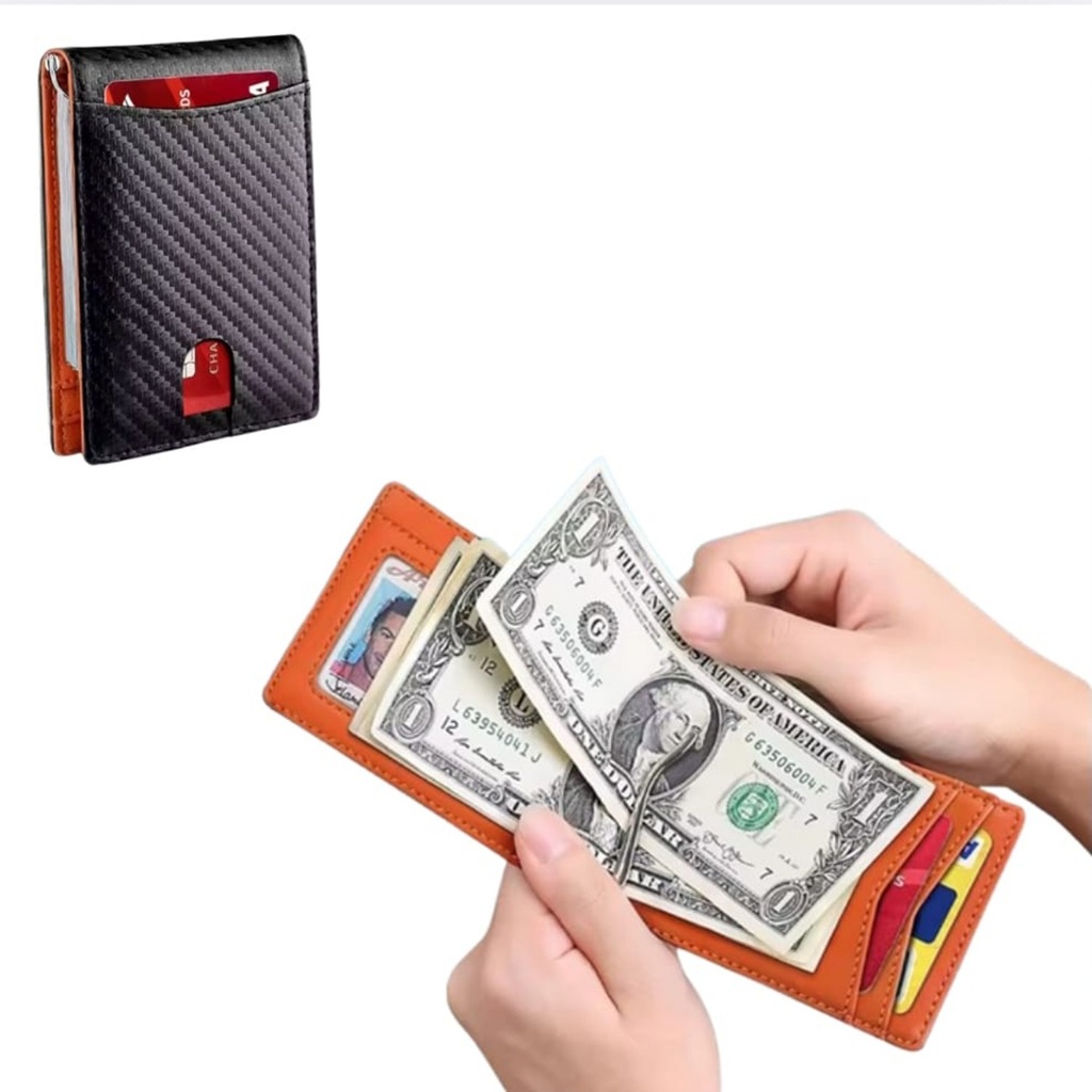 Carteira Masculina Preta Antifurto Fibra de Carbono Porta-Cartões Tripla com Grampo para Cédulas