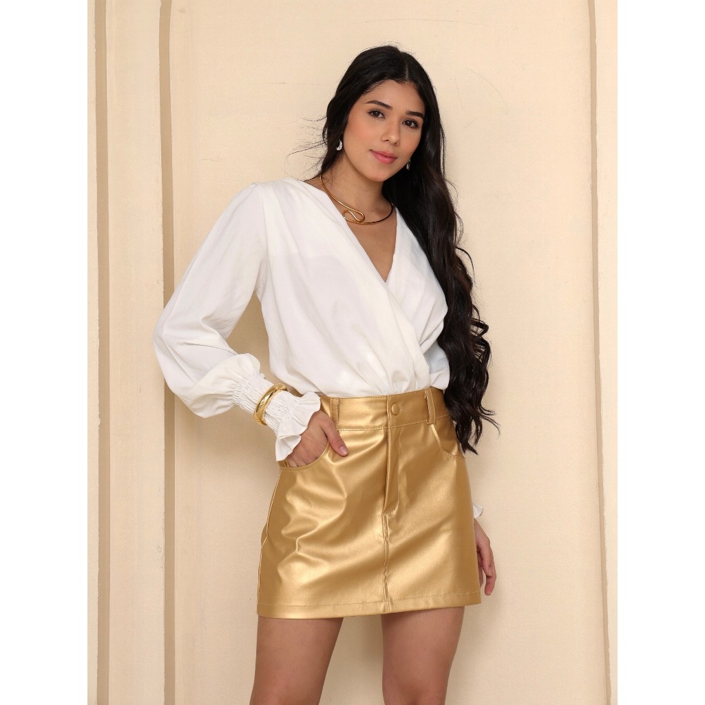 Saia Metalizada curta Couro Sintético em Oferta na Shopee