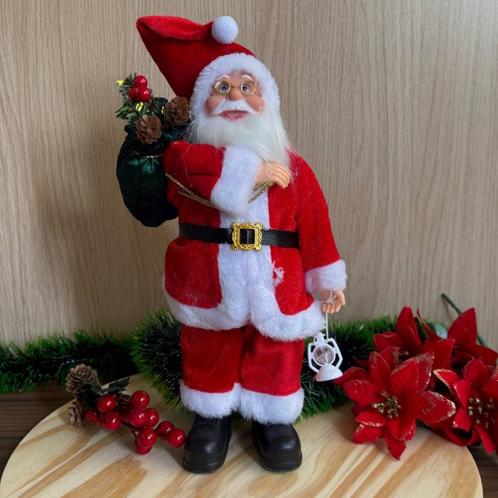 Boneco Papai Noel Luxo 32cm com Saco e Lanterna | Estatueta Decoração Natalina Enfeite de Festa