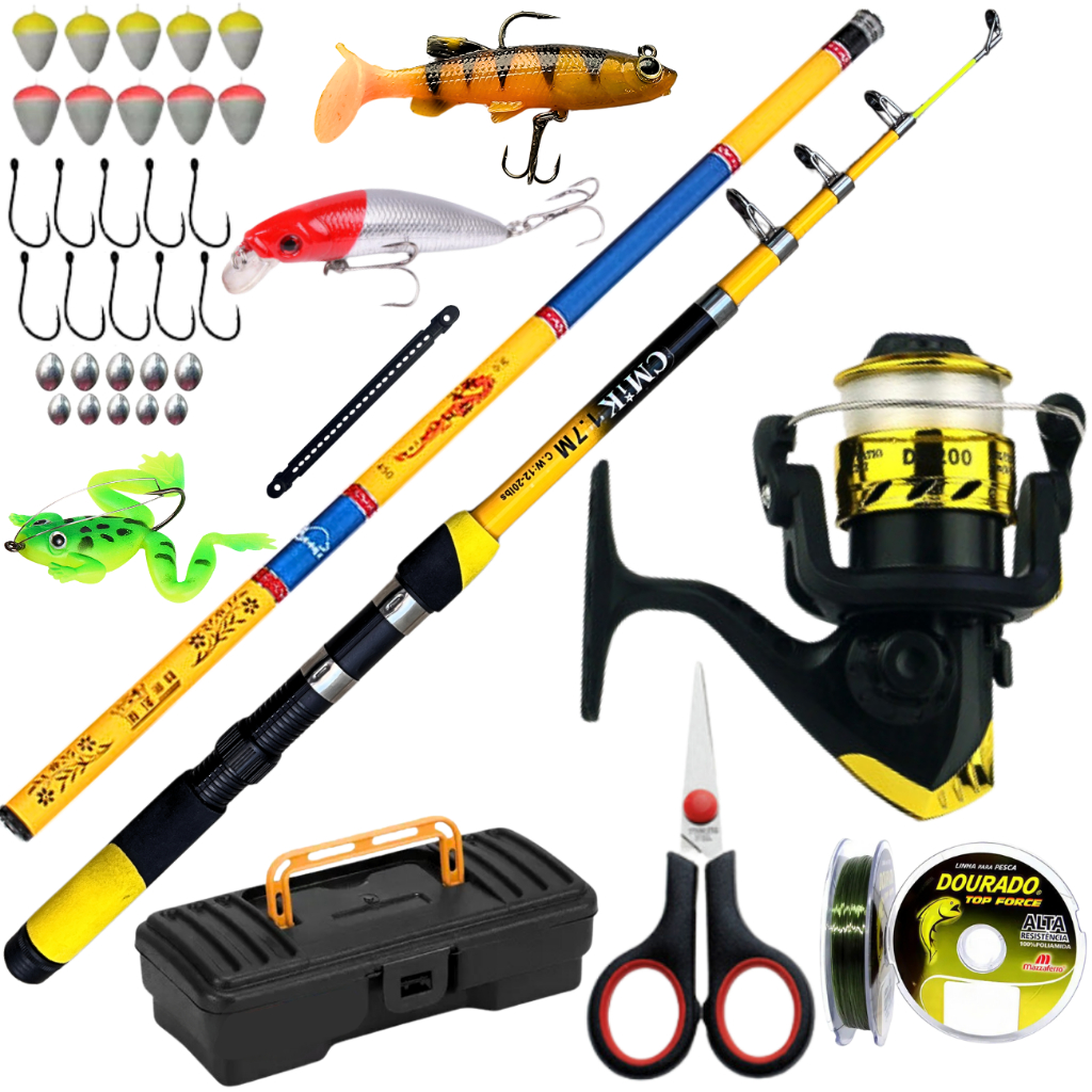 Kit  Completo Molinete De Pesca Vara Telescopica Mão Isca Artificial Anzol Pescar Mar Praia Represa