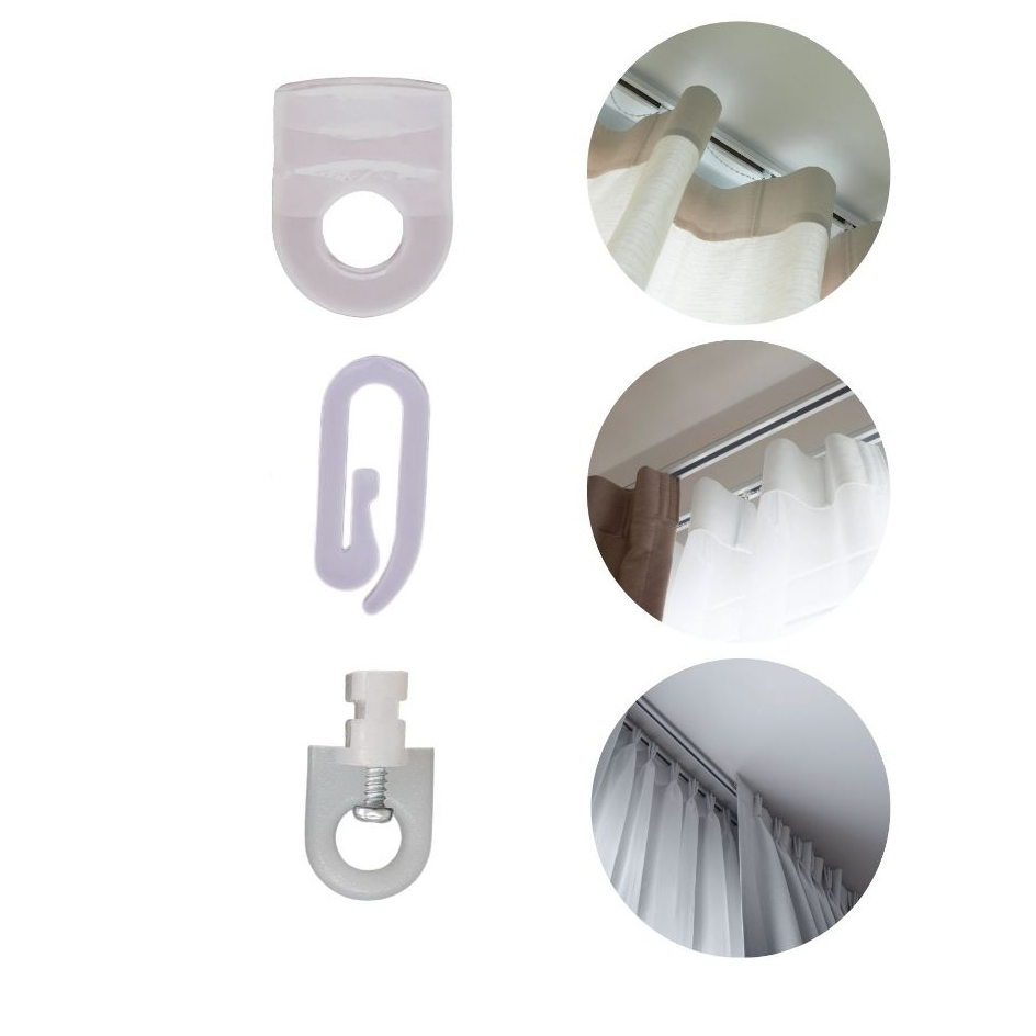 Kit Rodízio Deslizante Carrinho Cortina Trilho Mini + Gancho Clip + Terminal Suíço Curvo Flexível