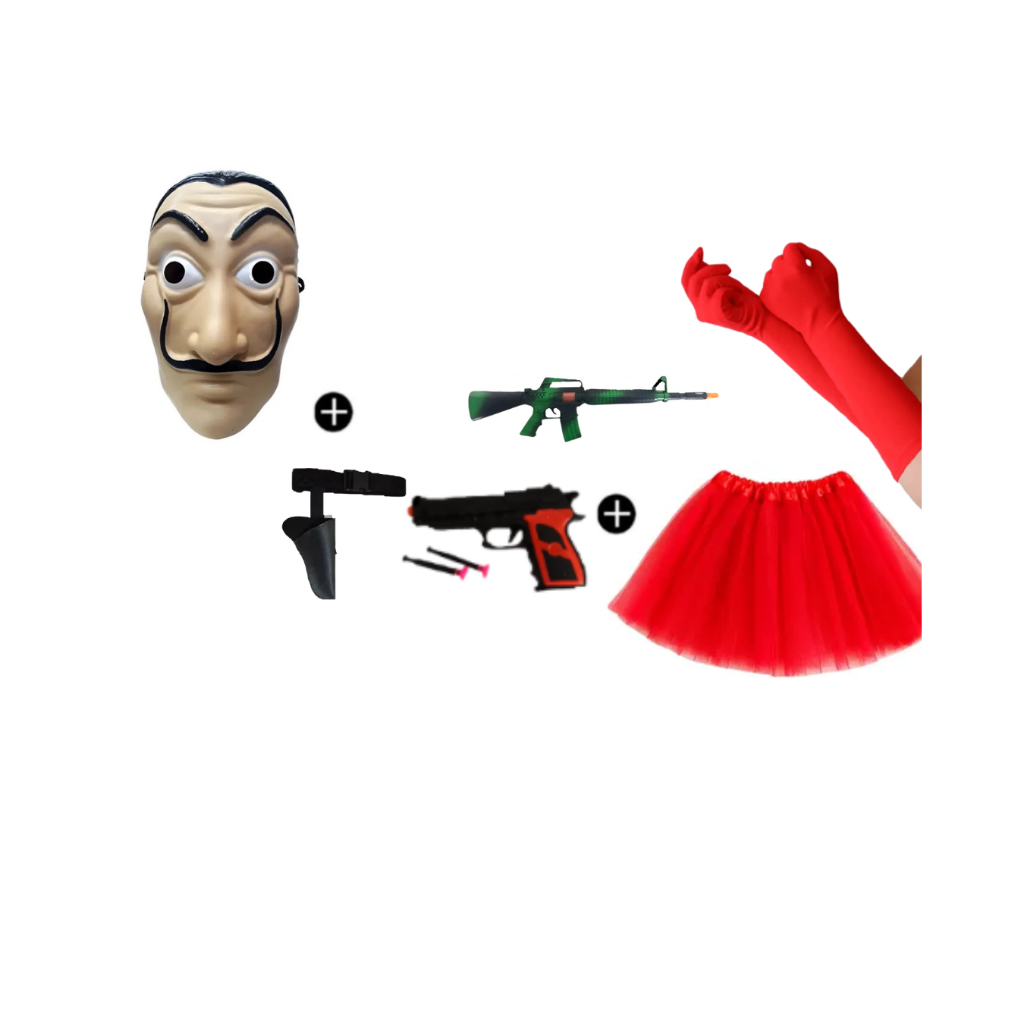 Kit Fantasia Completo La Casa de papel Máscara Dali + Luvas Vermelhas + Saia+ Coldre + Pistola ou metralhadora
