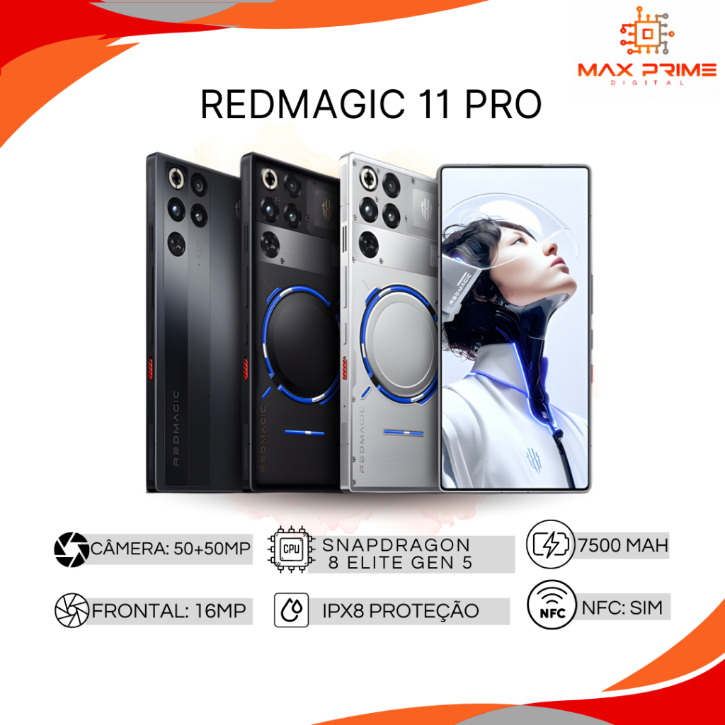 Redmagic 11 Pro 256GB até 1TB Memória, 12GB até 24GB RAM, Processador Snapdragon 8 Elite Gen 5, Bateria 7.500 mAh