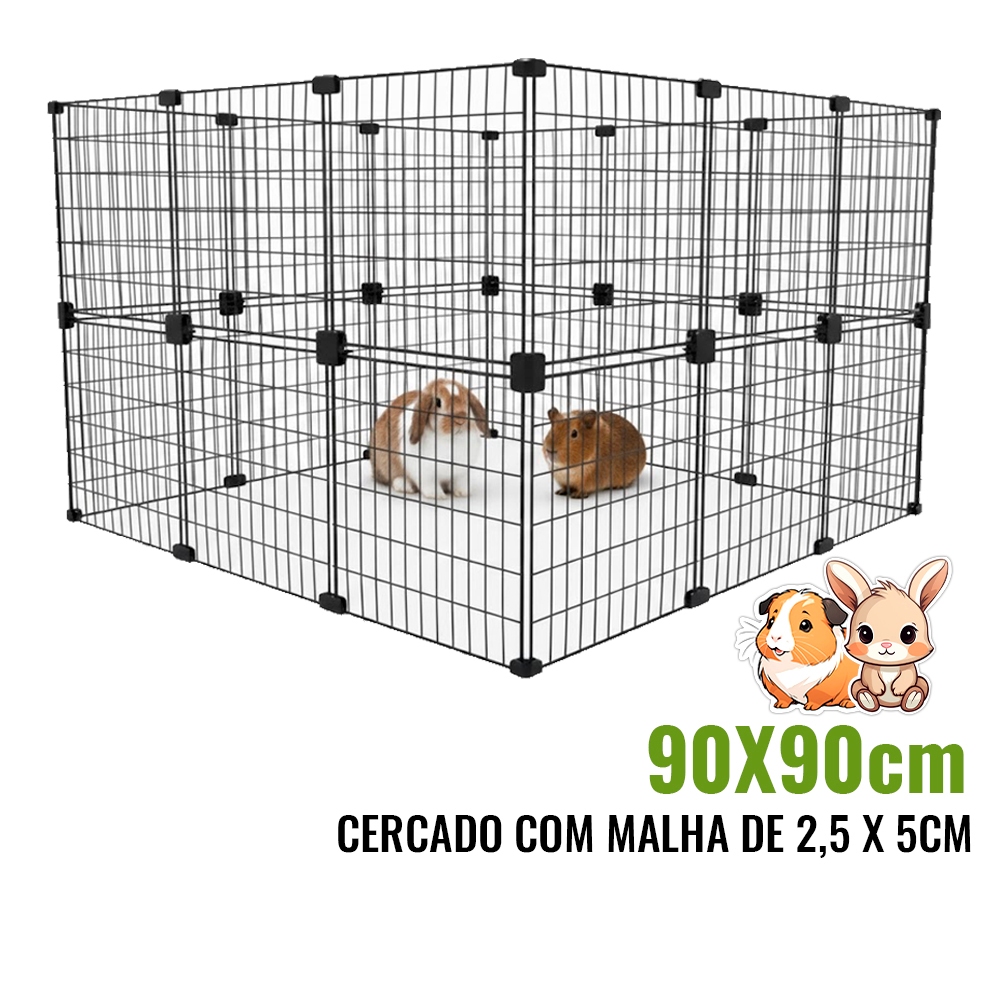 Cercado para Coelho Porquinho da Índia Filhote 90x90x60cm Gaiola Pet com Malha Estreita 2,5cm