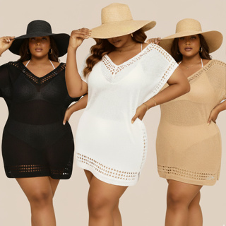Saída de Praia Vestido Curto Tricot Plus Size Fenda Lateral Tamanho Grande Saída de Banho Moda Verão Curve+ 46 48 50 52 em Oferta na Shopee