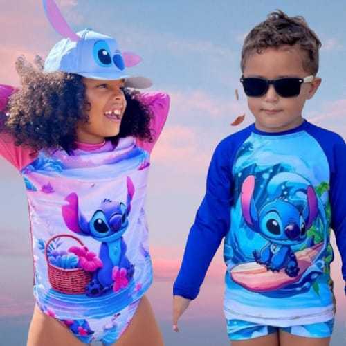 Kit Moda Praia e Piscina Sunga ou  Biquini  + Camisa UV  Stitch Magali  Minnie em Oferta na Shopee
