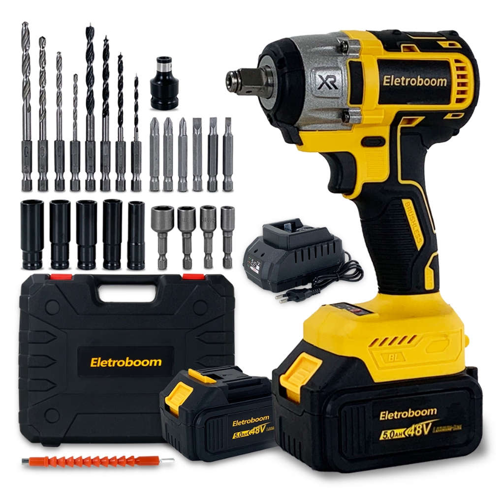 Kit Parafusadeira/Furadeira Sem Fio Portátil 48V + Chave de Impacto Com 2 Bateria Recarregável
