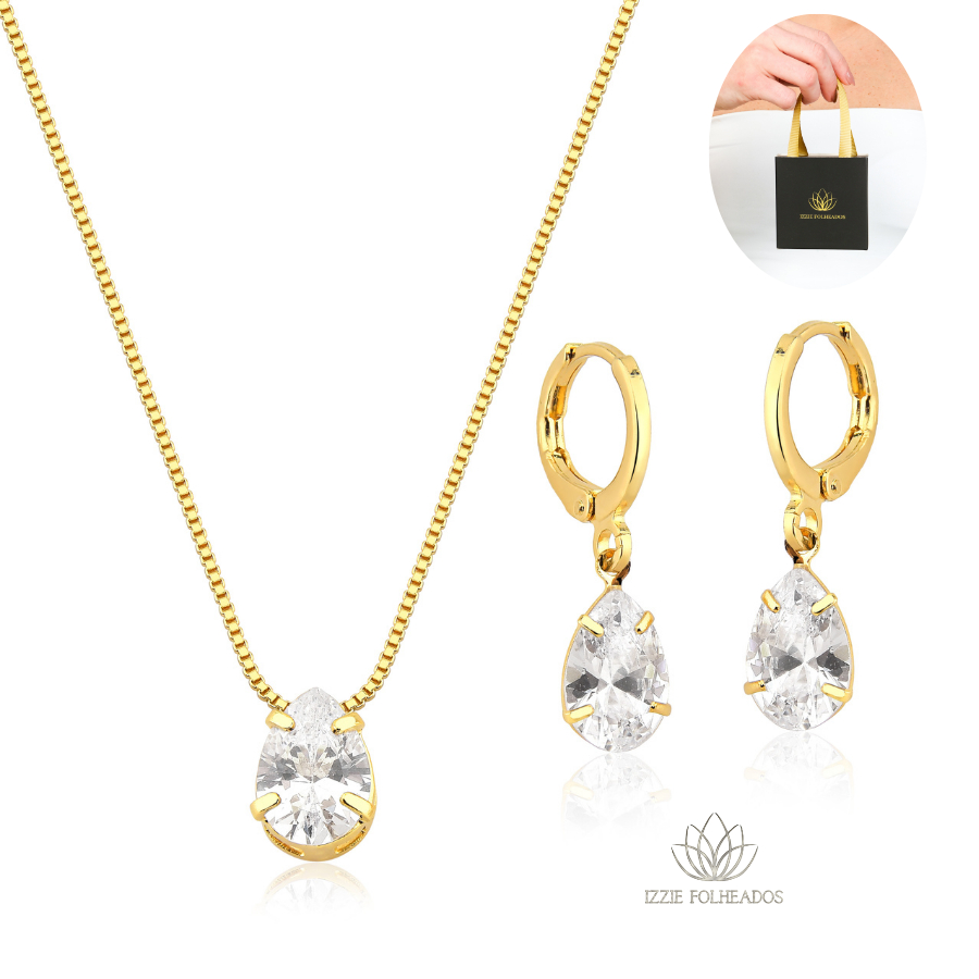 Conjunto Colar E Brinco Gota Dourado Feminino Folheado De Ouro 18k Semijoia Com Caixinha em Oferta na Shopee
