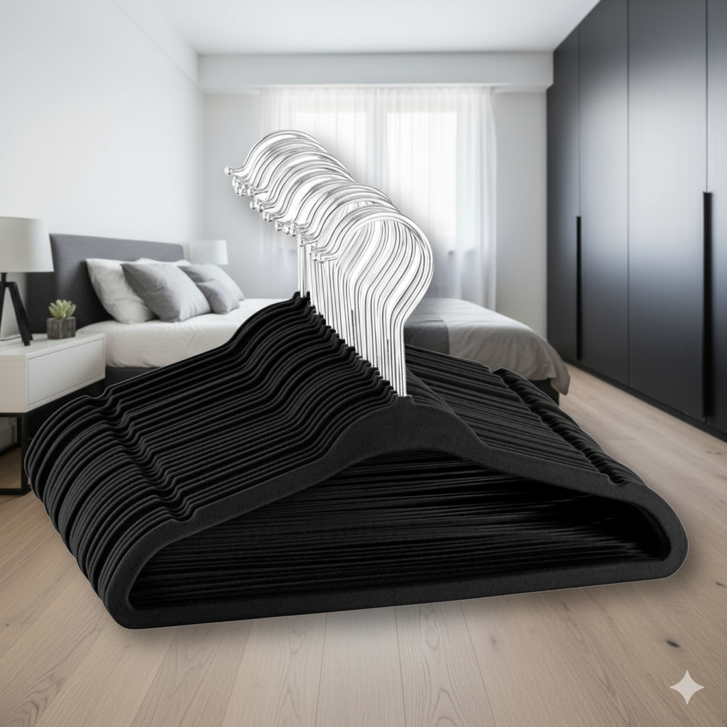 Kit 30 Cabides De Veludo Adulto Roupa Antideslizante Slim Luxo Para Quarto Preto Dox