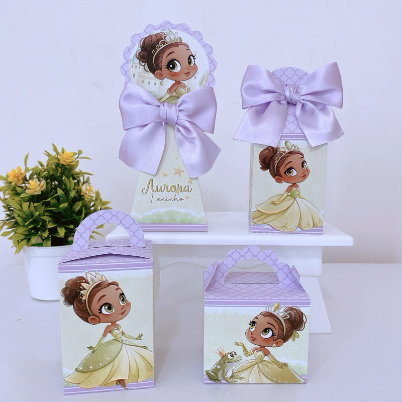 Kit Festa Princesa e o Sapo Tiana Caixinhas Personalizadas Lembrancinhas Infantil menina com Laço