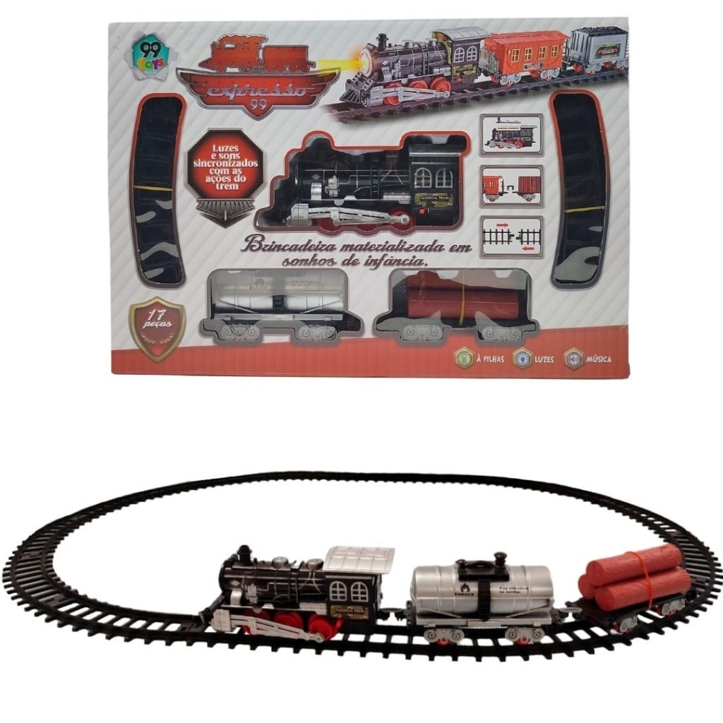 Trem Expresso 99 com Trilhos – 17 Peças | Luz, Som e Movimento | Brinquedo Infantil Locomotiva a Pilha