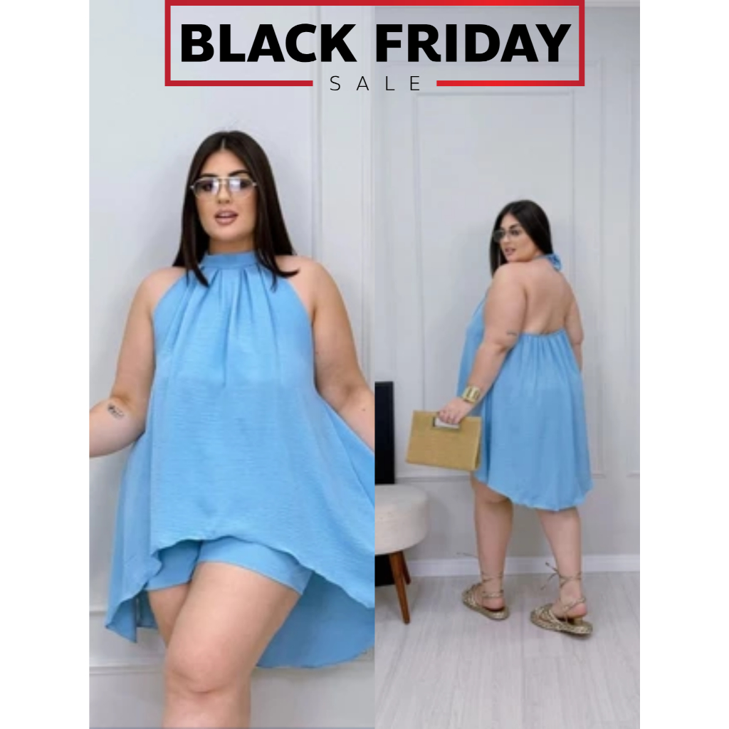 Conjunto feminino Plus Size Serenity blusa estilo Mullet soltinha com gola alta drapeada amarração nas costas