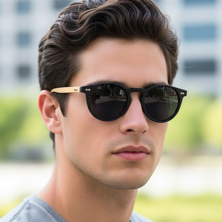 Óculos de Sol Premium Redondo Polarizado Hastes em Madeira Vintage Classico Retrô uv400 Unissex