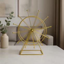 Decoração Roda Gigante de Ferro Dourado Giratória 21X9,5X23,5cm