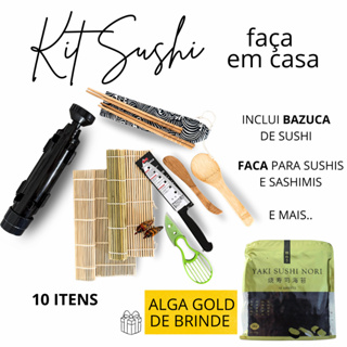 Kit Preparo Comida Japonesa + Alga Nori - 11 Itens Bazuca de Sushi, Faca, hashis, Esteiras,  e mais em Oferta na Shopee