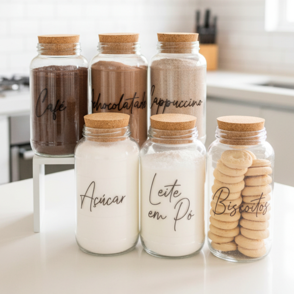 Kit Cantinho do Café 810ml | ESCOLHA SEU KIT | Potes de Vidro | Tampa de Cortiça com ou sem Adesivos | Armazenamento