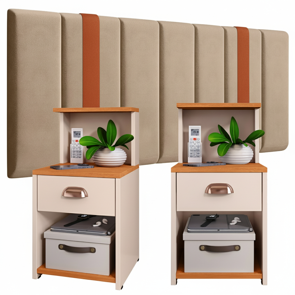 Kit 2 Criados Mudos Mesas de Cabeceira + Cabeceira Modular SONHO Estofada Suede Courino Casal a King