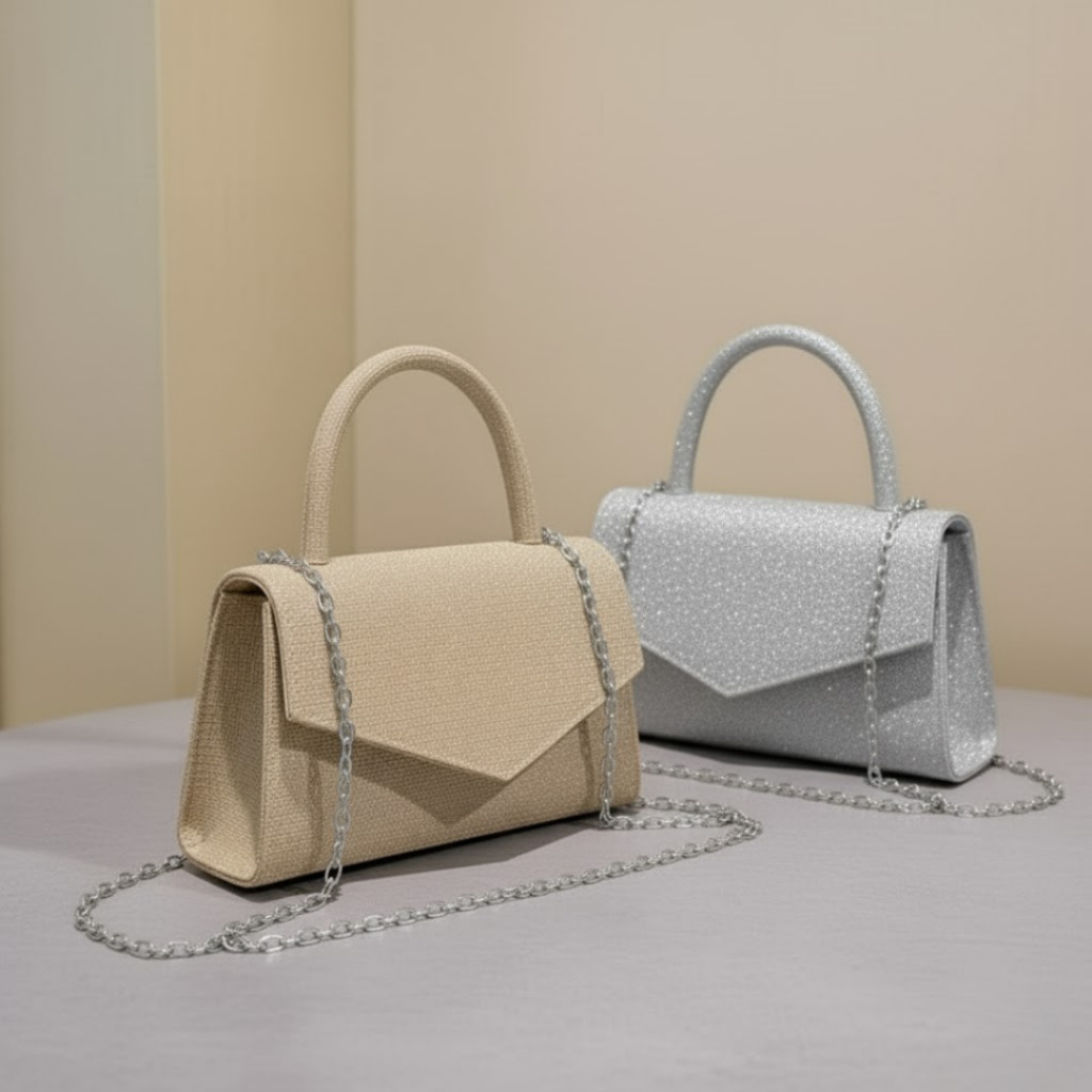 Bolsa de Mão Festa Clutch Estruturada com Alça Curta e Fecho Envelope Brilho Prata e Dourado