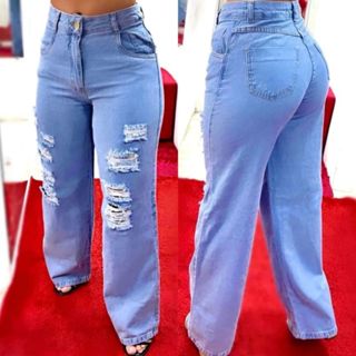 Calça Jeans WideLeg Feminina Pantalona Larguinha Modela Bumbum Cintura Alta Wid Leg BoyFriend Jeans em Oferta na Shopee