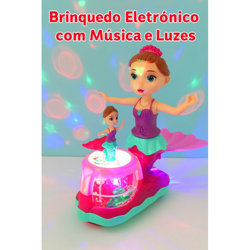 Boneca Sereia Dançarina Carrinho Bate e Volta, Gira 360°, Luzes e Som, Brinquedo Infantil Divertido para Crianças